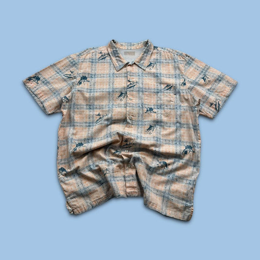 VINTAGE Y2K COLUMBIA GRAPHIC BUTTON UP SHORT SLEEVE SHIRT ORANGE