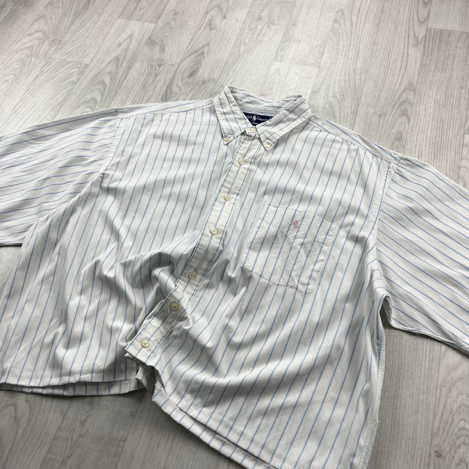 VINTAGE 00s RALPH LAUREN STRIPED CROPPED SHORT SLEEVE BUTTON UP SHIRT WHITE