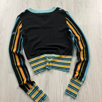 VINTAGE Y2K FUNKY GIRL STRIPED V NECK JUMPER BLACK MULTI