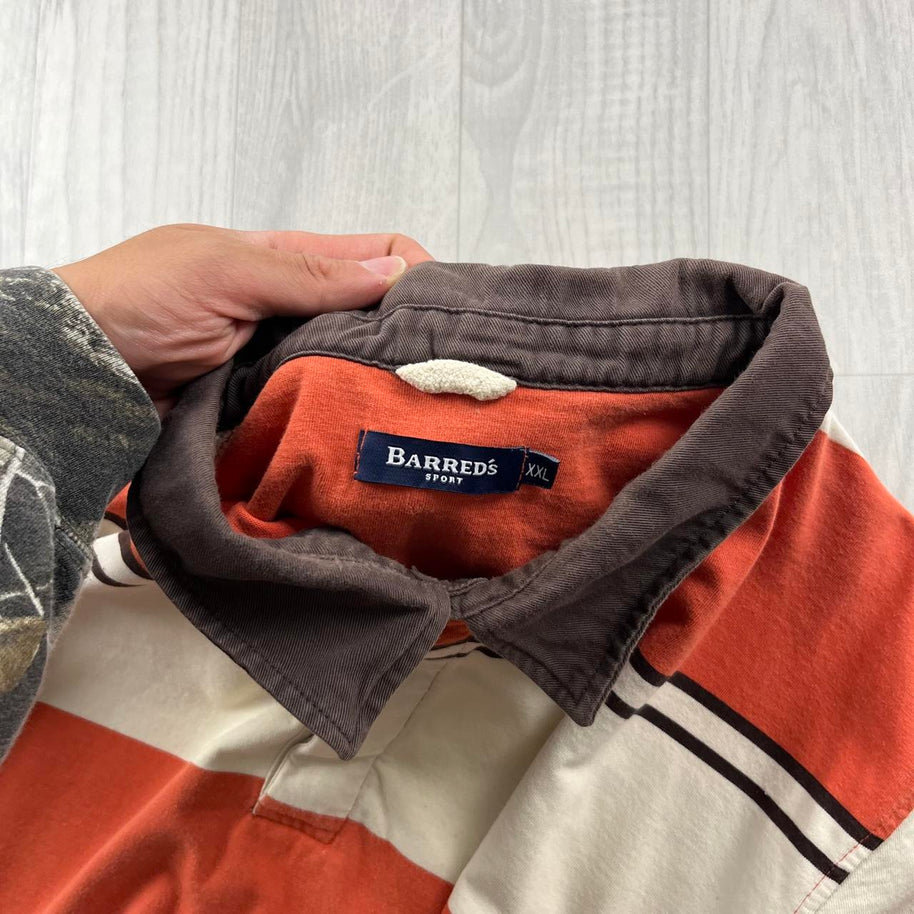 VINTAGE Y2K BARREDS STRIPED LONG SLEEVE RUGBY POLO SHIRT ORANGE