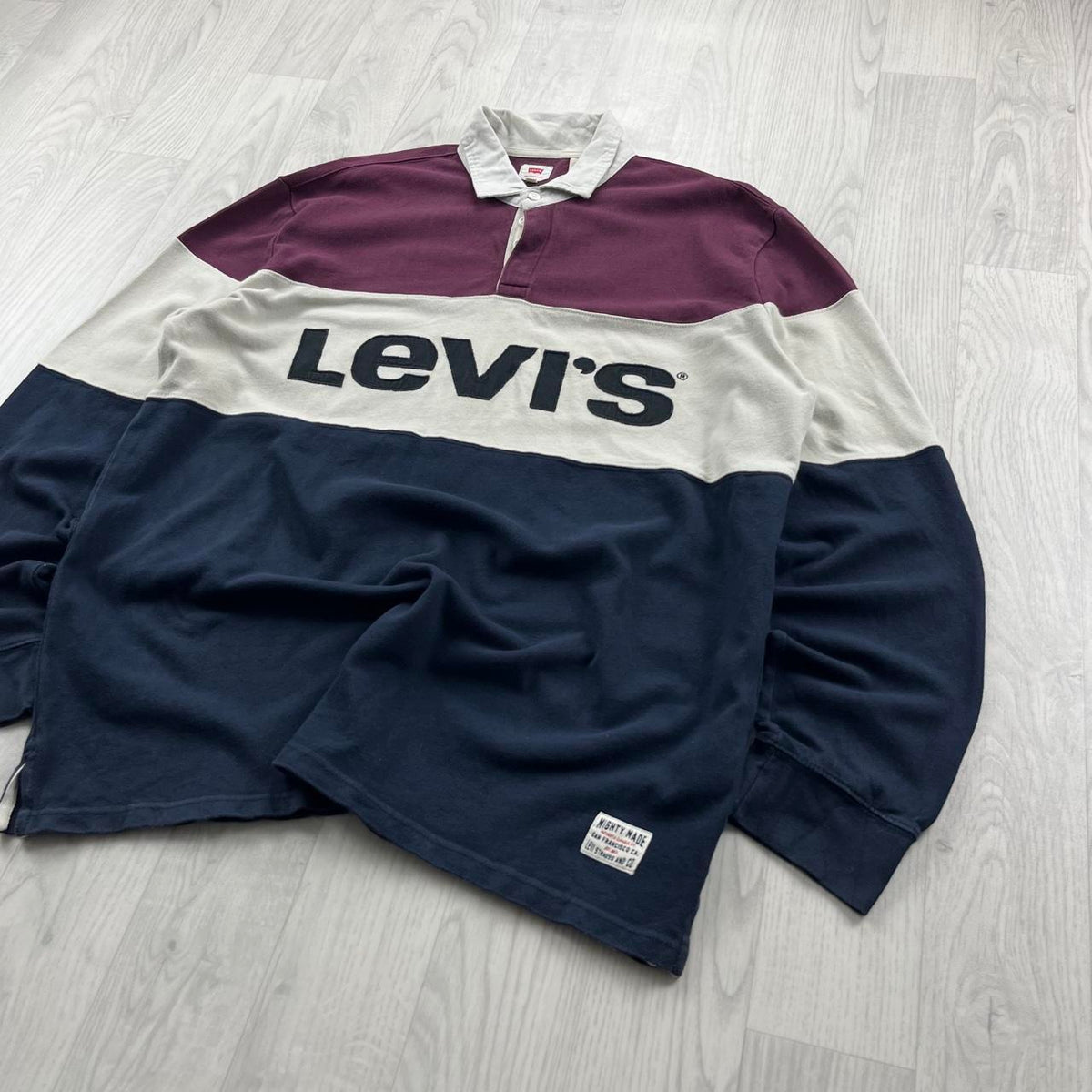 VINTAGE Y2K LEVIS STRIPED LONG SLEEVE RUGBY POLO SHIRT NAVY / BURGUNDY