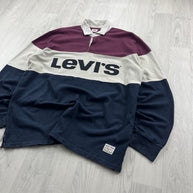 VINTAGE Y2K LEVIS STRIPED LONG SLEEVE RUGBY POLO SHIRT NAVY / BURGUNDY