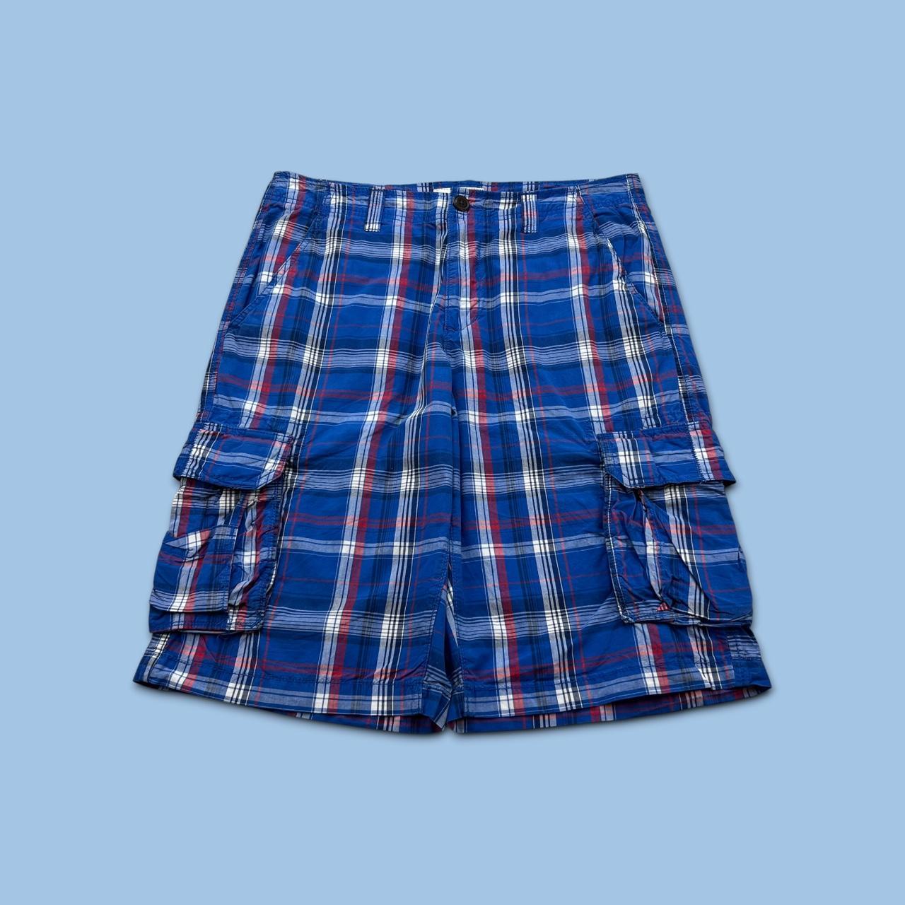 VINTAGE Y2K URBAN PIPELINE BAGGY CHECKERED PLAID CARGO SHORTS BLUE