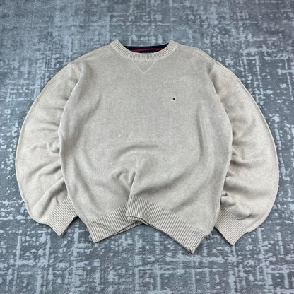 VINTAGE Y2K TOMMY HILFIGER CHUNKY ESSENTIAL KNITTED JUMPER BEIGE