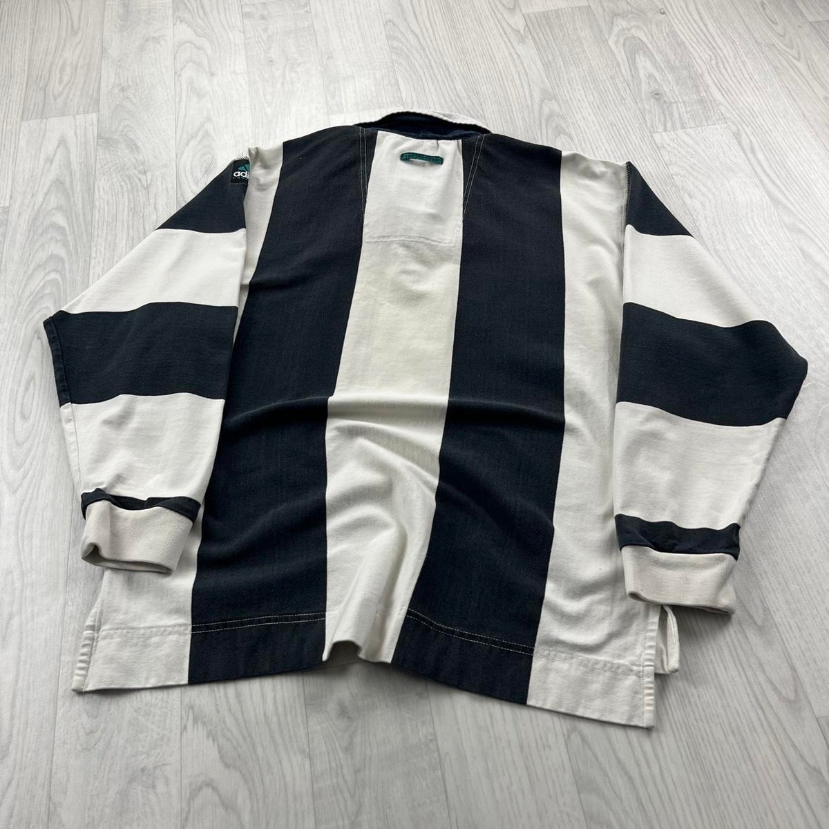 VINTAGE Y2K ADIDAS EQUIPMENT STRIPED LONG SLEEVE RUGBY POLO SHIRT BLACK / WHITE