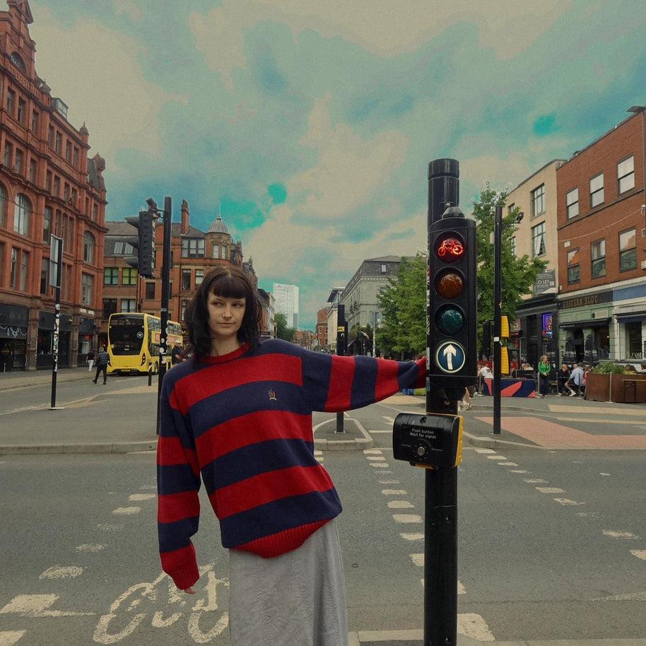 VINTAGE Y2K TOMMY HILFIGER STRIPED CHUNKY KNIT JUMPER NAVY / RED