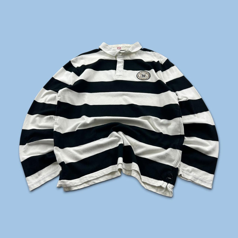 VINTAGE Y2K STRIPED LONG SLEEVE RUGBY POLO SHIRT BLACK / WHITE