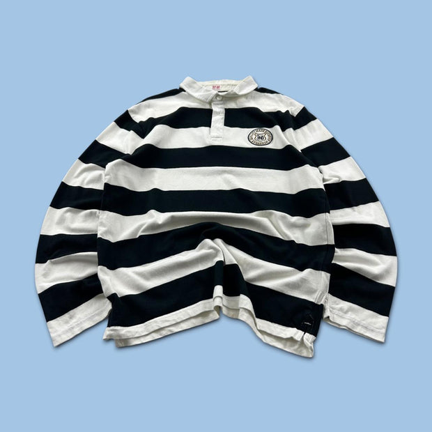 VINTAGE Y2K STRIPED LONG SLEEVE RUGBY POLO SHIRT BLACK / WHITE