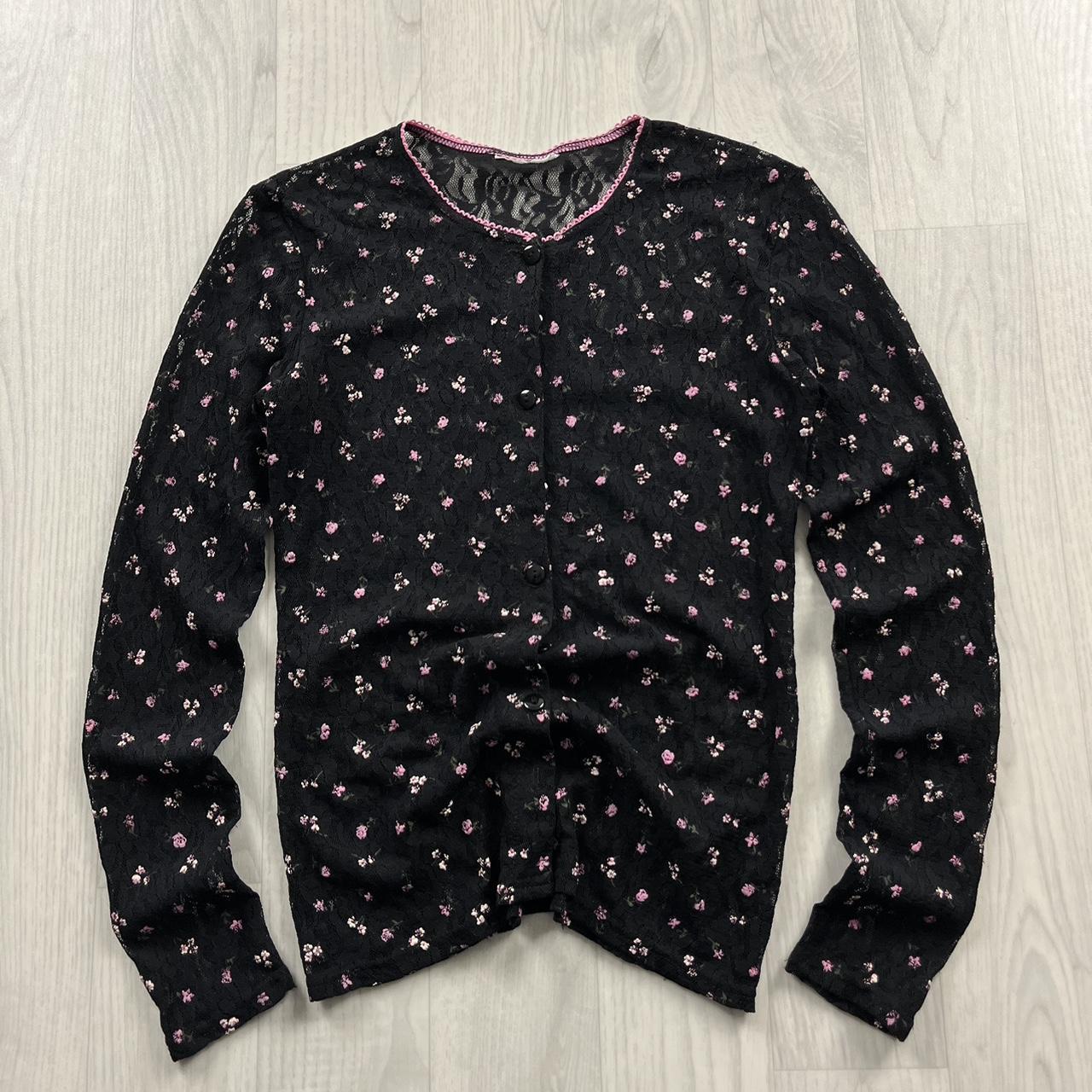 VINTAGE Y2K MESH FLORAL BUTTON CARDIGAN BLACK PINK