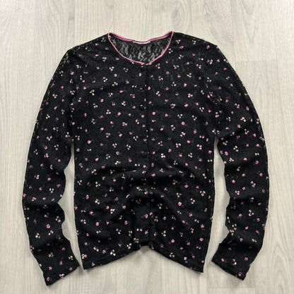 VINTAGE Y2K MESH FLORAL BUTTON CARDIGAN BLACK PINK