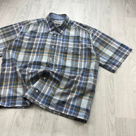 VINTAGE 00s BARBOUR CHECKERED CROPPED SHORT SLEEVE BUTTON UP SHIRT BLUE
