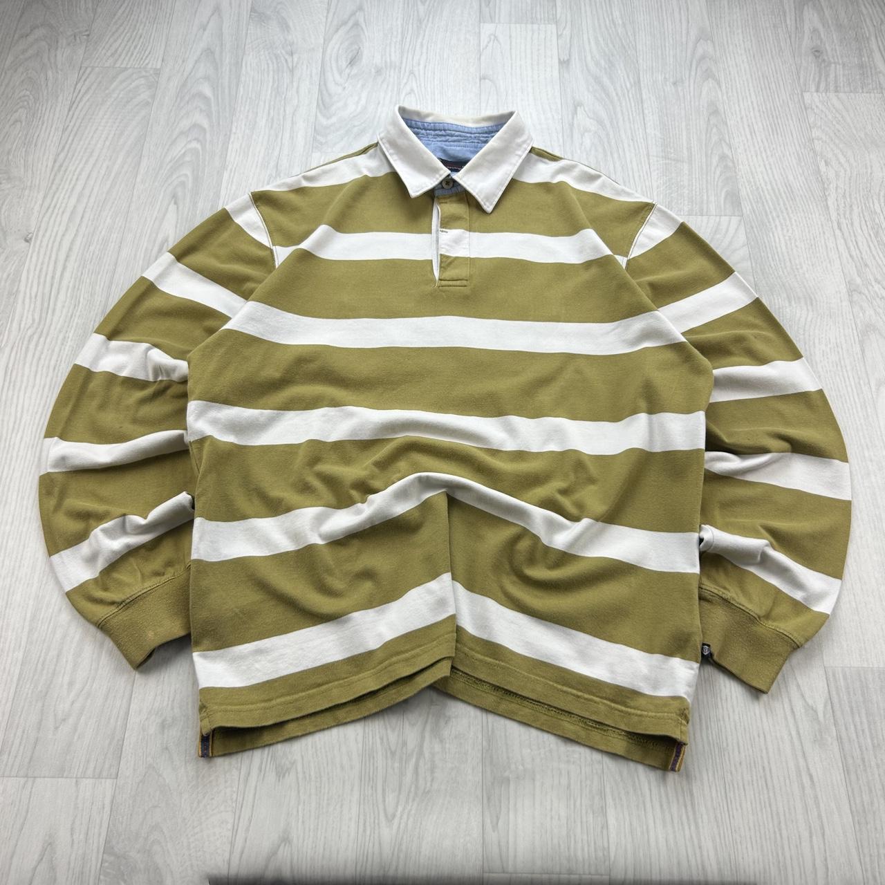 VINTAGE Y2K STRIPED LONG SLEEVE RUGBY POLO SHIRT KHAKI / WHITE