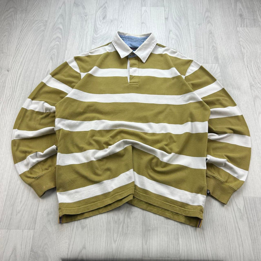 VINTAGE Y2K STRIPED LONG SLEEVE RUGBY POLO SHIRT KHAKI / WHITE
