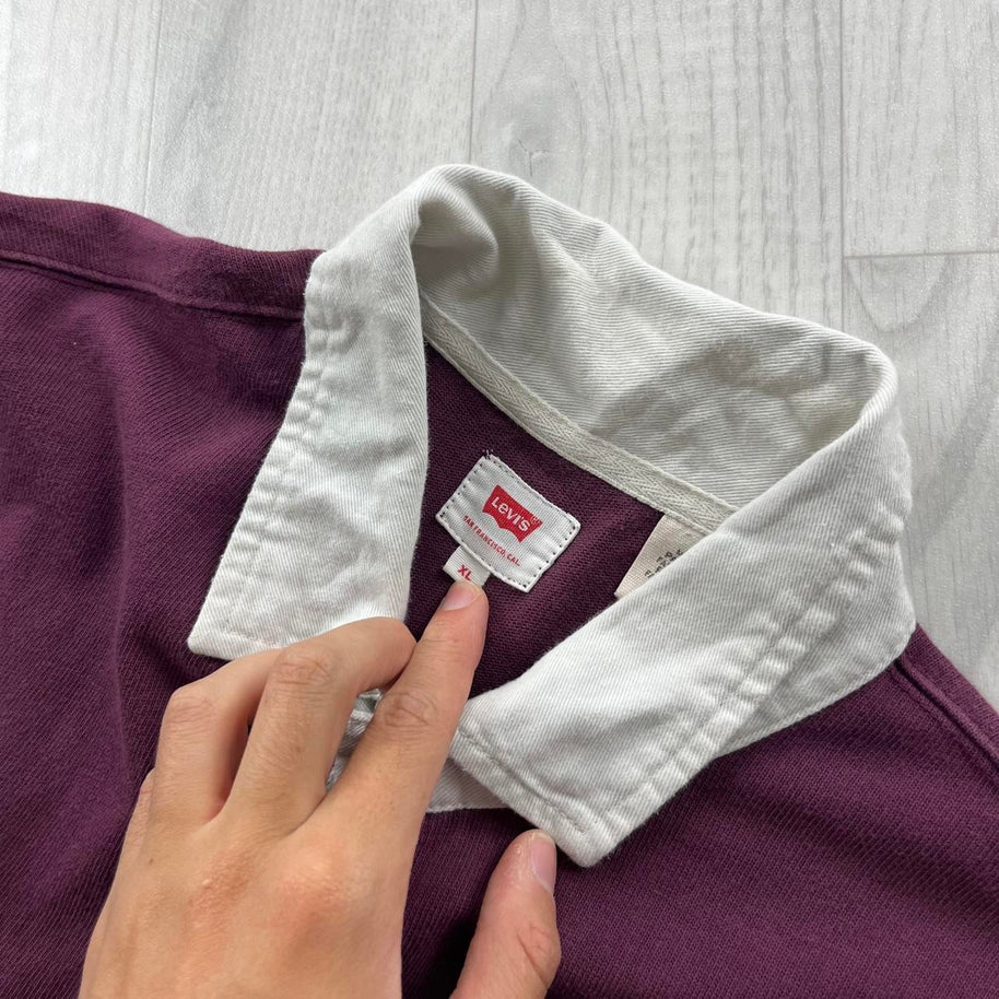 VINTAGE Y2K LEVIS STRIPED LONG SLEEVE RUGBY POLO SHIRT NAVY / BURGUNDY