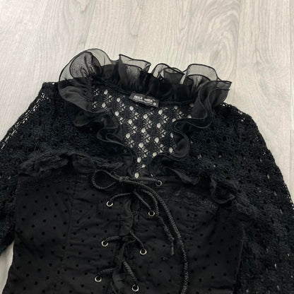 VINTAGE Y2K LONG SLEEVE CROTCHET CORSET RUFFLE TOP BLACK