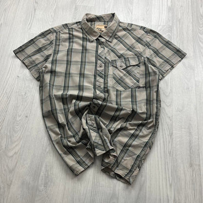 VINTAGE Y2K RIP CURL PLAID SHORT SLEEVE BUTTON UP SHIRT BEIGE