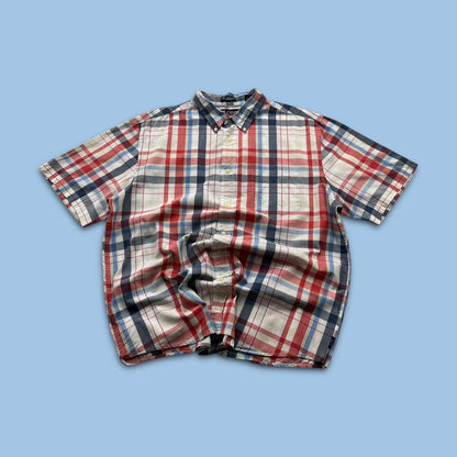 VINTAGE Y2K CHAPS PLAID BUTTON UP SHORT SLEEVE SHIRT WHITE