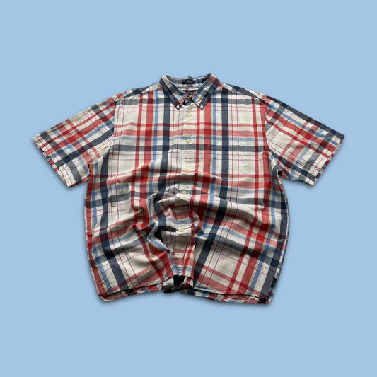 VINTAGE Y2K CHAPS PLAID BUTTON UP SHORT SLEEVE SHIRT WHITE