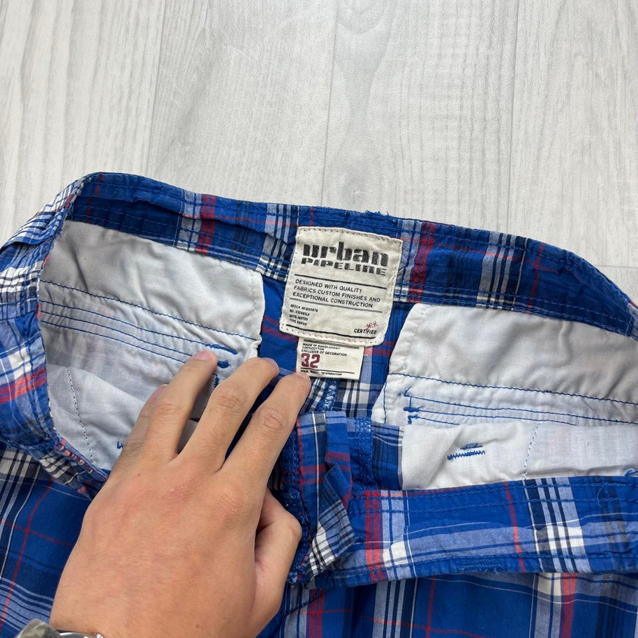 VINTAGE Y2K URBAN PIPELINE BAGGY CHECKERED PLAID CARGO SHORTS BLUE