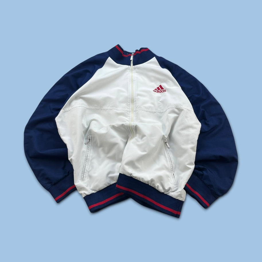 VINTAGE 90s ADIDAS WINDBREAKER TRACK JACKET WHITE / NAVY