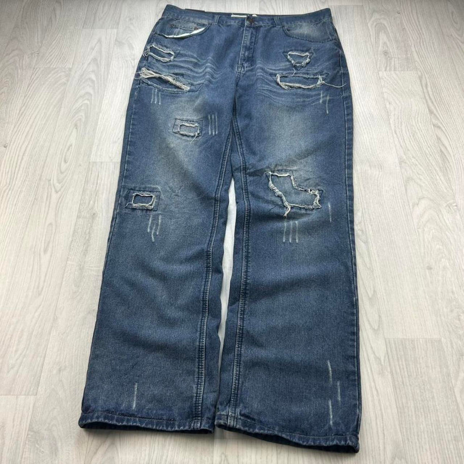 VINTAGE Y2K BAGGY DISTRESSED JEANS NAVY BLUE