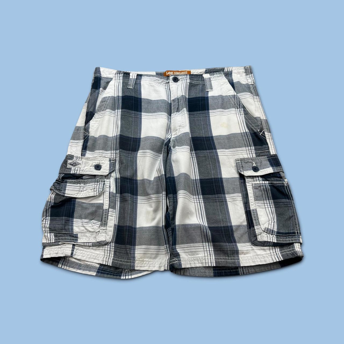 VINTAGE Y2K LEE BAGGY CHECKERED PLAID CARGO SHORTS WHITE / NAVY