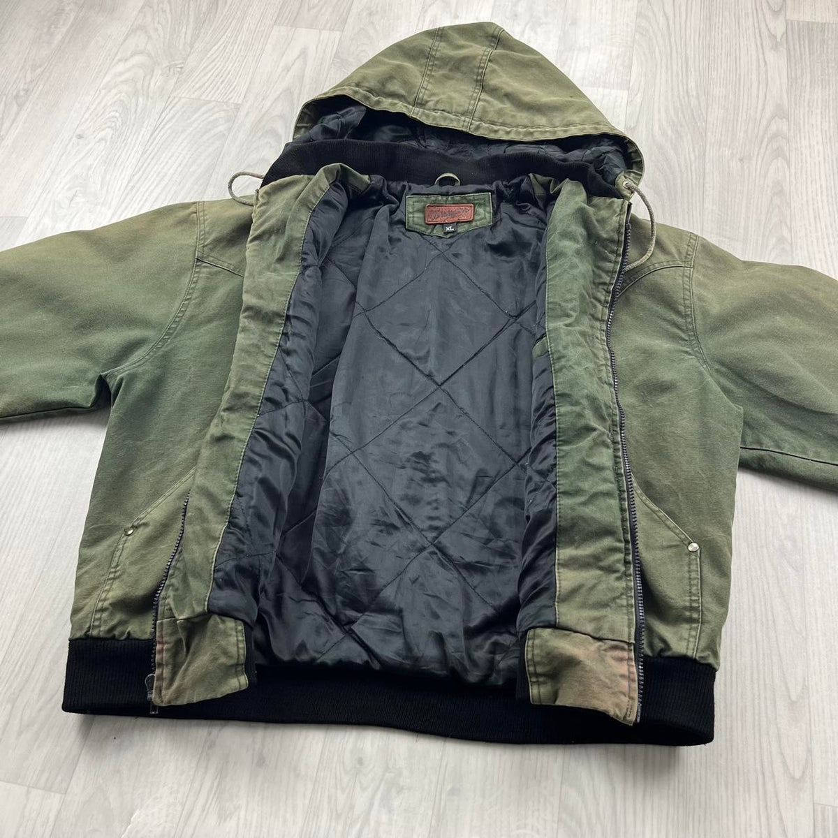 VINTAGE 90s WRANGLER HOODED WORKWEAR BOMBER JACKET MATCHA GREEN