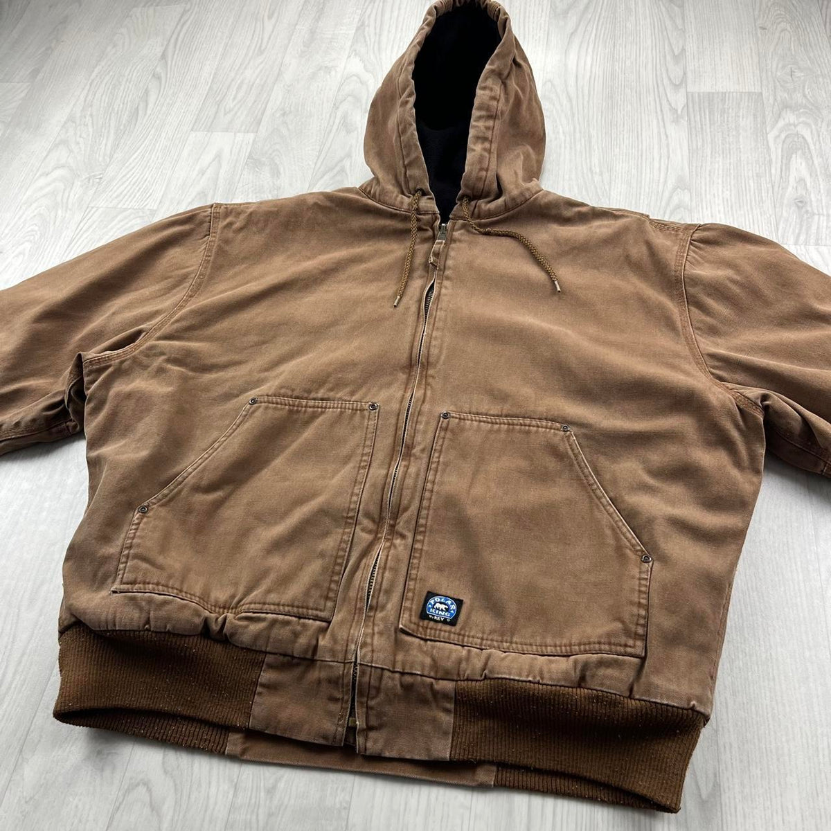 VINTAGE Y2K KEY FLEECE LINED HOODED WORKWEAR BOMBER JACKET BROWN