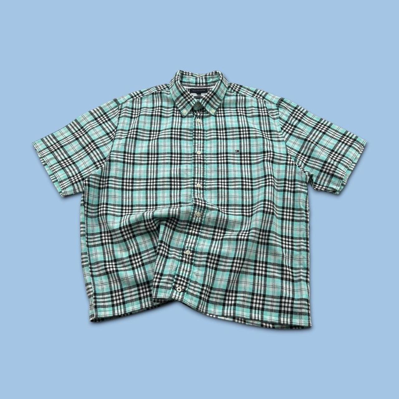 VINTAGE 00s TOMMY HILFIGER CHECKERED CROPPED SHORT SLEEVE BUTTON UP SHIRT BLACK / TURQUOISE