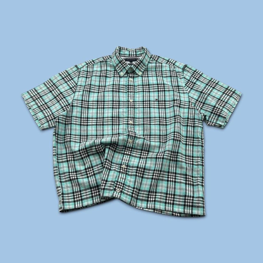 VINTAGE 00s TOMMY HILFIGER CHECKERED CROPPED SHORT SLEEVE BUTTON UP SHIRT BLACK / TURQUOISE