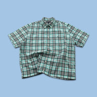 VINTAGE 00s TOMMY HILFIGER CHECKERED CROPPED SHORT SLEEVE BUTTON UP SHIRT BLACK / TURQUOISE
