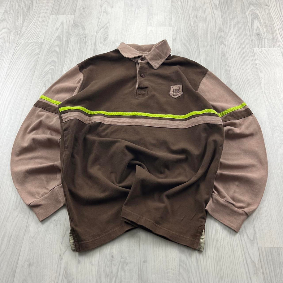 VINTAGE Y2K STRIPED LONG SLEEVE RUGBY POLO SHIRT BROWN