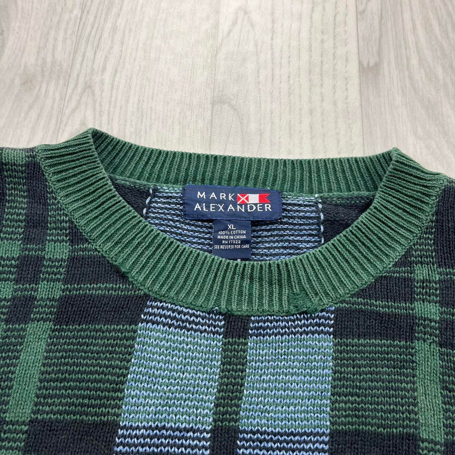 VINTAGE 90s CHECKERED PATTERN KNITTED JUMPER GREEN / BLUE