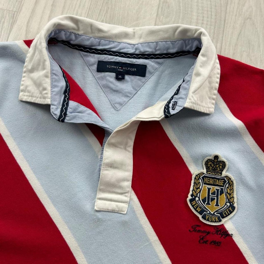 VINTAGE Y2K TOMMY HILFIGER STRIPED LONG SLEEVE RUGBY POLO SHIRT SKY BLUE / RED