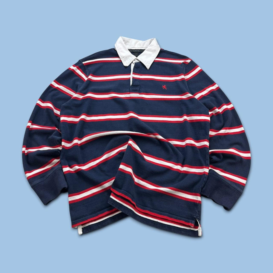 VINTAGE Y2K EXPRESS STRIPED LONG SLEEVE RUGBY POLO SHIRT NAVY