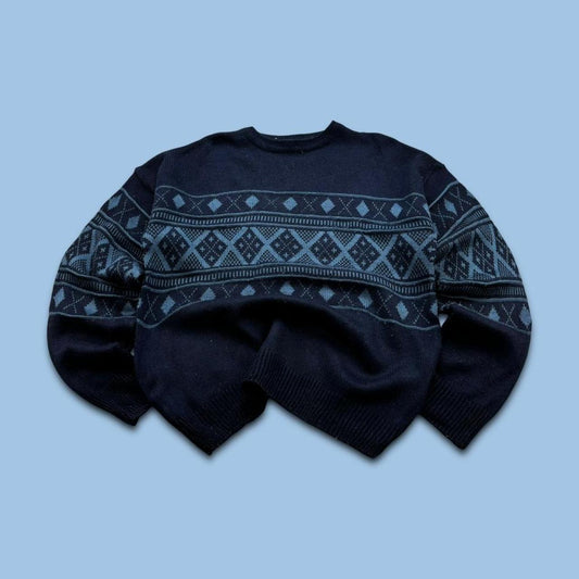 VINTAGE 90s CELIO GRAPHIC PATTERN KNITTED JUMPER NAVY