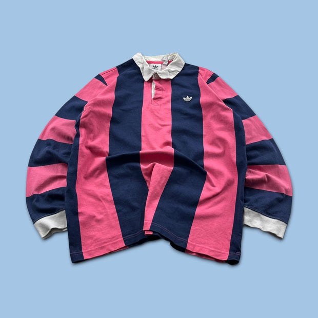 ADIDAS STRIPED LONG SLEEVE RUGBY POLO SHIRT PINK / NAVY