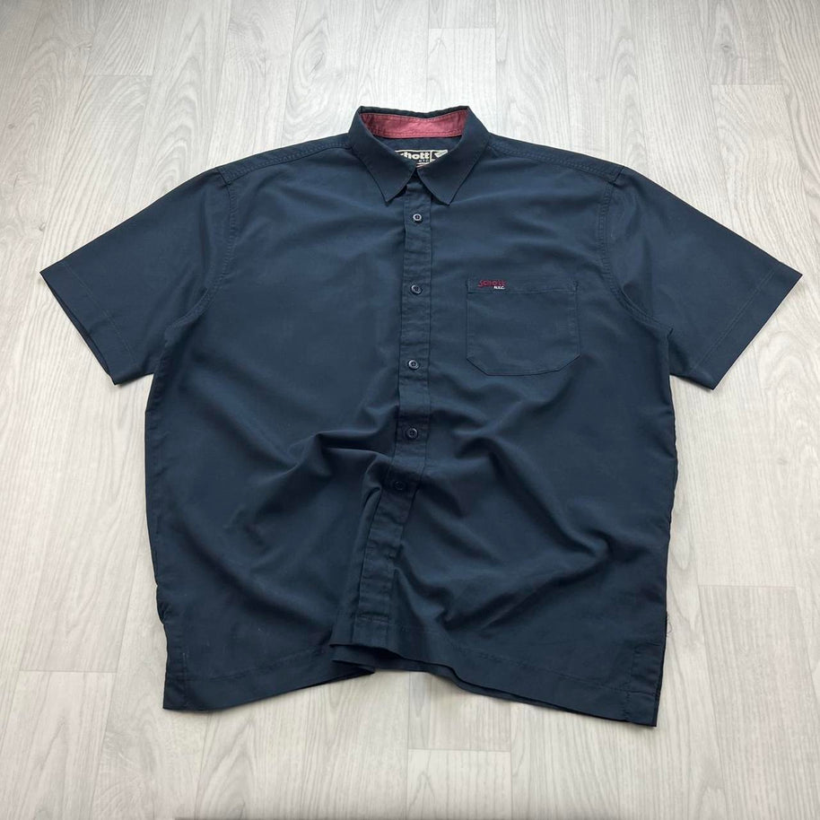 VINTAGE 00s SCHOTT PLAIN UTILITY SHORT SLEEVE BUTTON UP SHIRT NAVY