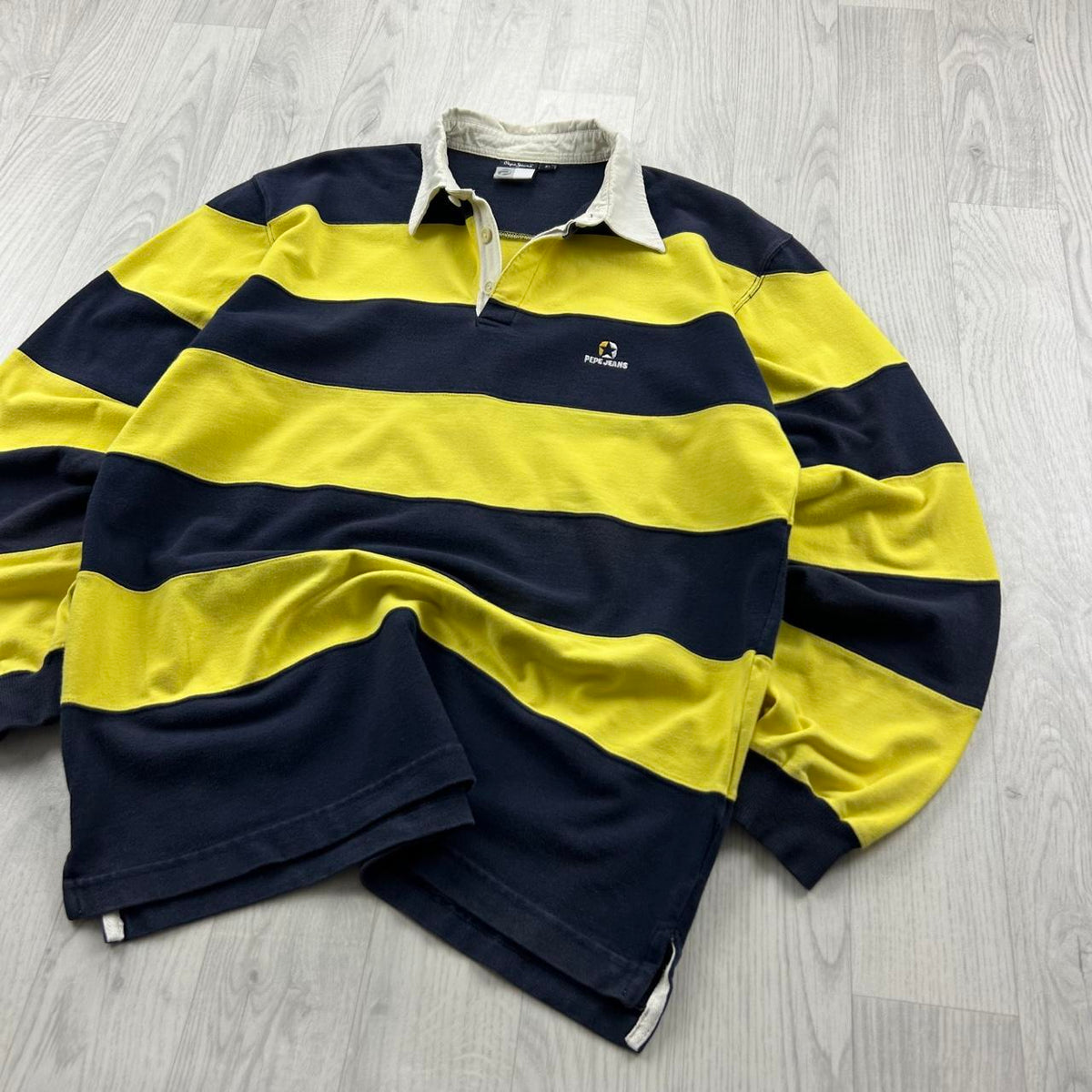 VINTAGE Y2K PEPE JEANS STRIPED LONG SLEEVE RUGBY POLO SHIRT NAVY / YELLOW