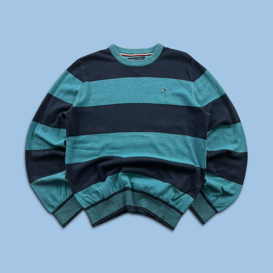 VINTAGE Y2K TOMMY HILFIGER STRIPED KNITTED JUMPER NAVY BLUE