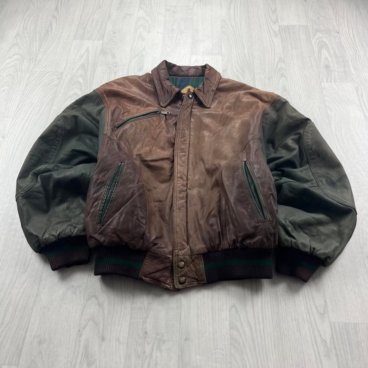 VINTAGE Y2K LEATHER FLIGHT BOMBER VARSITY JACKET BROWN / GREEN
