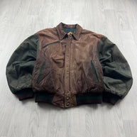 VINTAGE Y2K LEATHER FLIGHT BOMBER VARSITY JACKET BROWN / GREEN