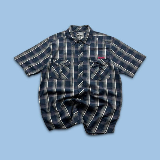 VINTAGE Y2K ANIMAL PLAID BUTTON UP SHORT SLEEVE SHIRT NAVY