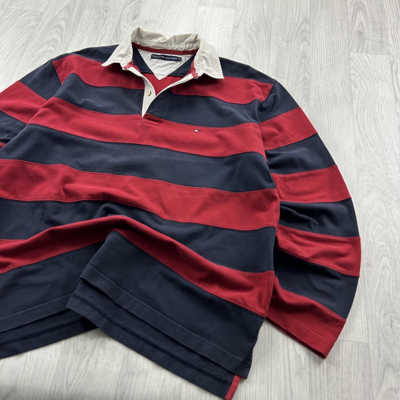 VINTAGE Y2K TOMMY HILFIGER STRIPED LONG SLEEVE RUGBY POLO SHIRT RED NAVY