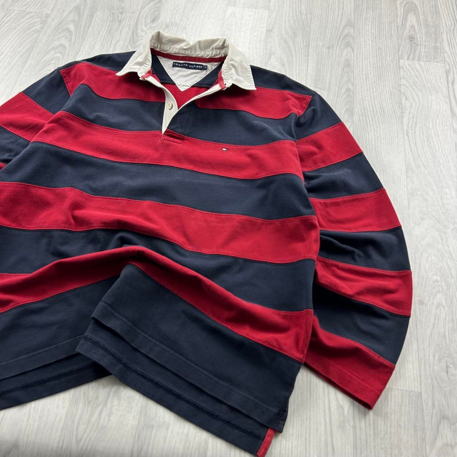 VINTAGE Y2K TOMMY HILFIGER STRIPED LONG SLEEVE RUGBY POLO SHIRT RED NAVY