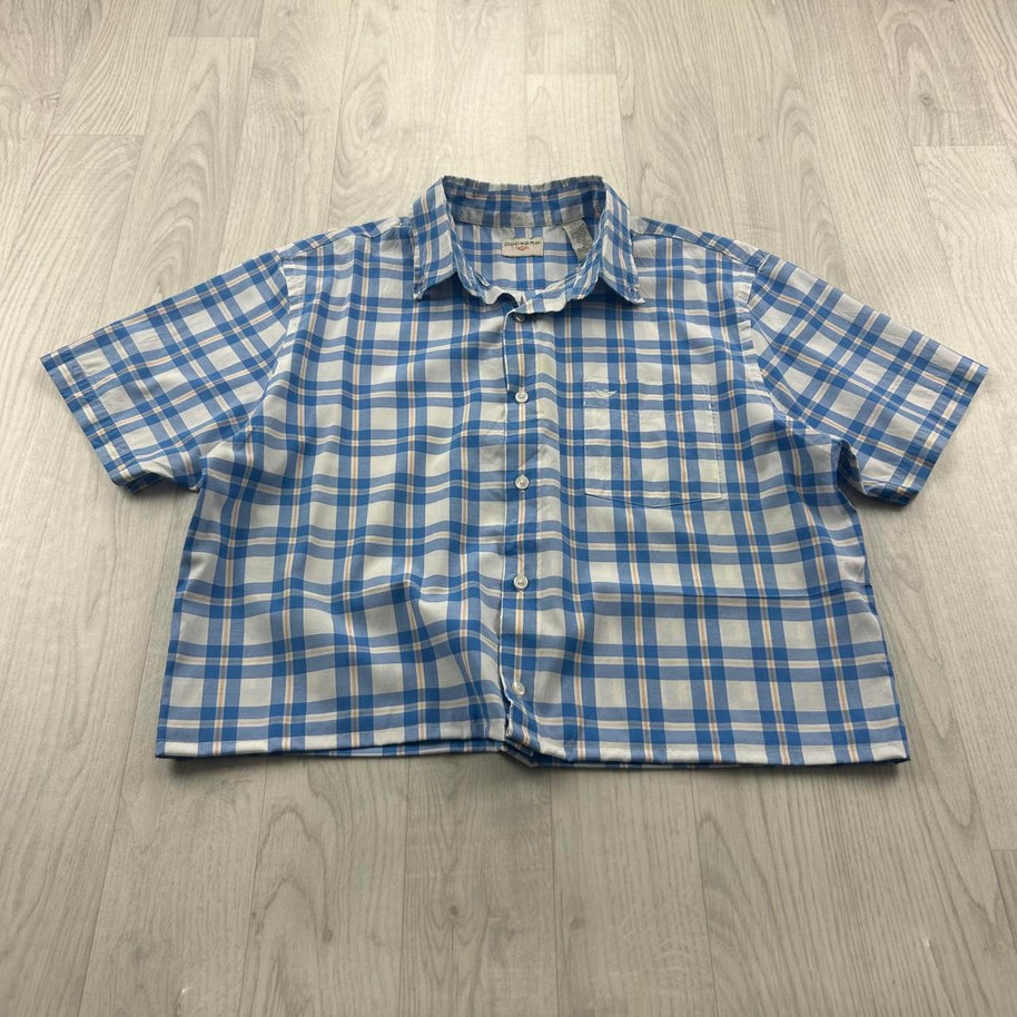 VINTAGE 00s DOCKERS CHECKERED CROPPED SHORT SLEEVE BUTTON UP SHIRT BLUE