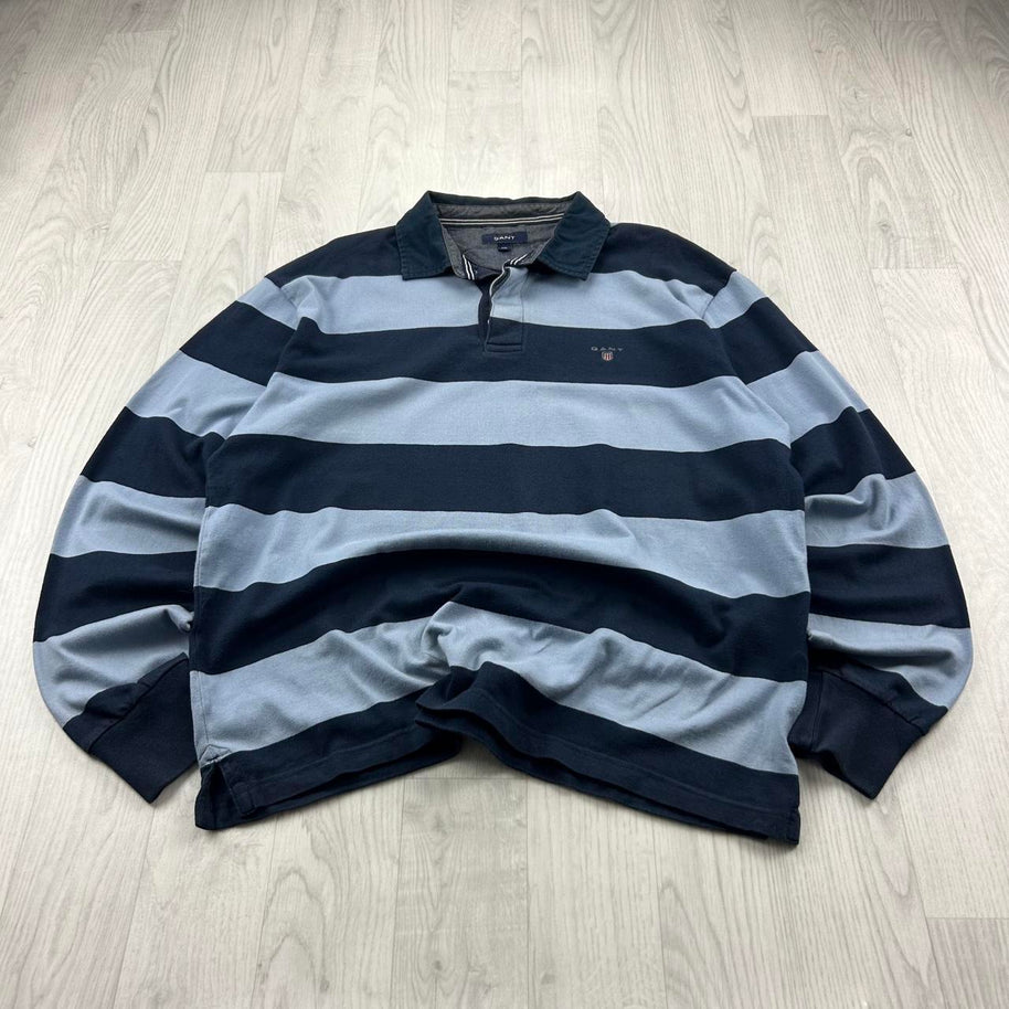 VINTAGE Y2K GANT STRIPED LONG SLEEVE RUGBY POLO SHIRT BLUE / NAVY