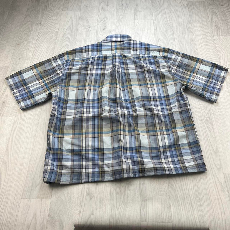 VINTAGE 00s BARBOUR CHECKERED CROPPED SHORT SLEEVE BUTTON UP SHIRT BLUE