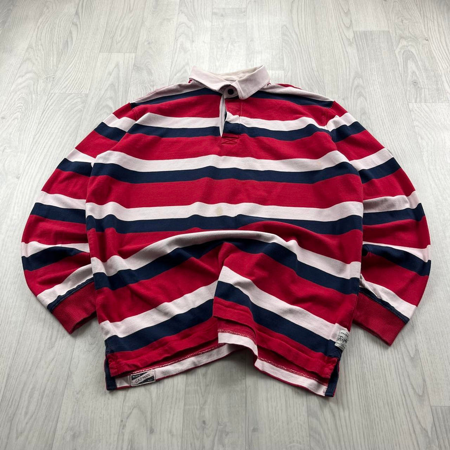 VINTAGE Y2K GAZMAN STRIPED LONG SLEEVE RUGBY POLO SHIRT RED