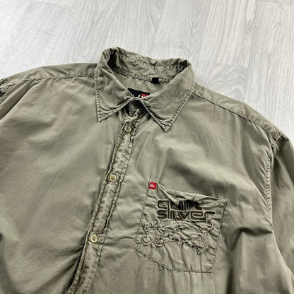 VINTAGE 00s QUIKSILVER LONG SLEEVE UTILITY SURF SHIRT BEIGE/KHAKI
